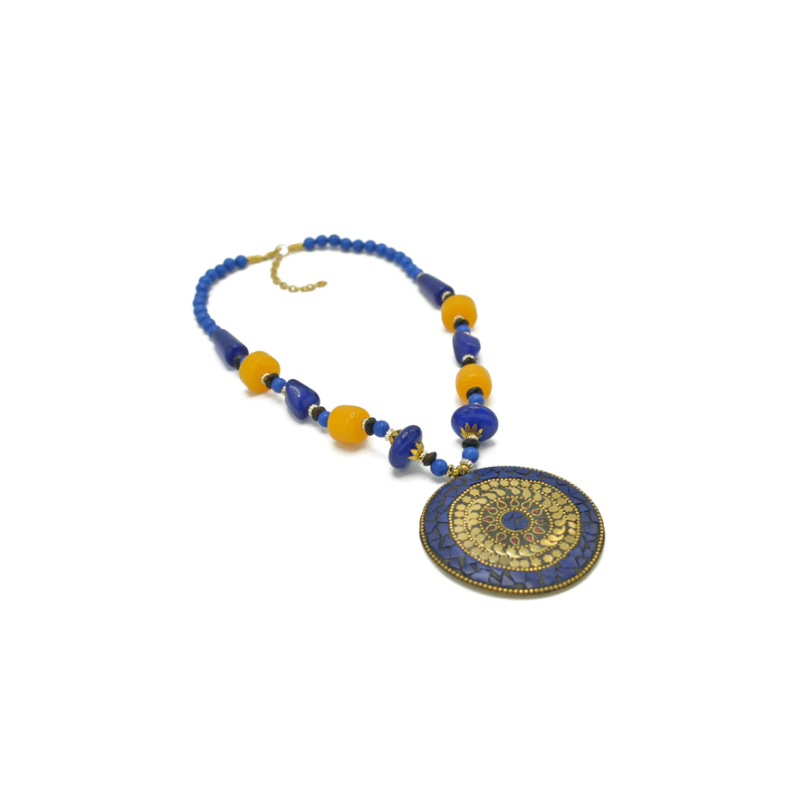 LADIES BLUE & AMBER BEADS WITH ROUND GOLD PENDANT NECKLACE FWNK-2202-102