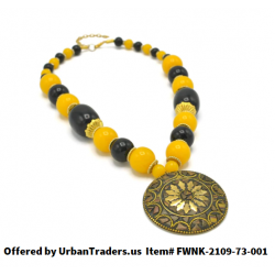 LADIES BLACK & AMBER BEADS WITH ROUND GOLD PENDANT NECKLACE ITEM NO. FWNK-2109-73-001 BY URBANTRADERS
