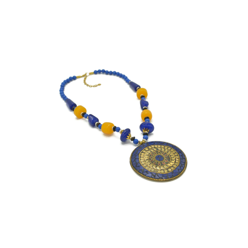 LADIES BLUE & AMBER BEADS WITH ROUND GOLD PENDANT NECKLACE ITEM NO FWNK-2202-102-001 BY URBANTRADERS.US